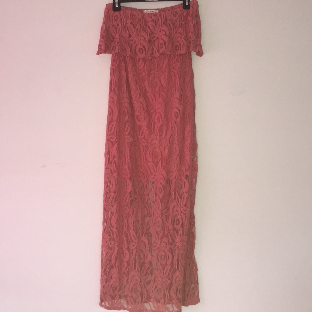 Pink Lace Strapless Maxi Dress
